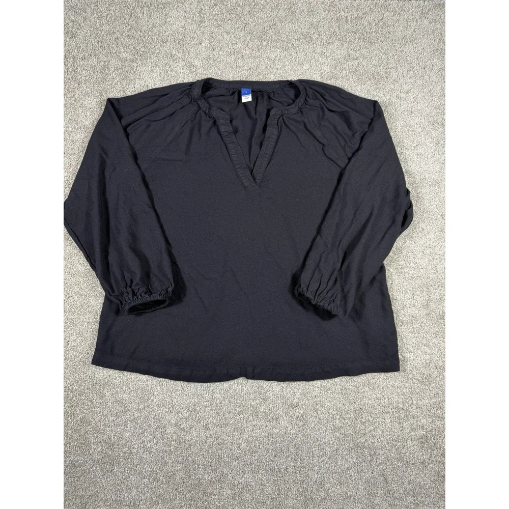 Old Navy Black Split V-Neck Blouse Top Womens Sz S Long Balloon Sleeve Rayon